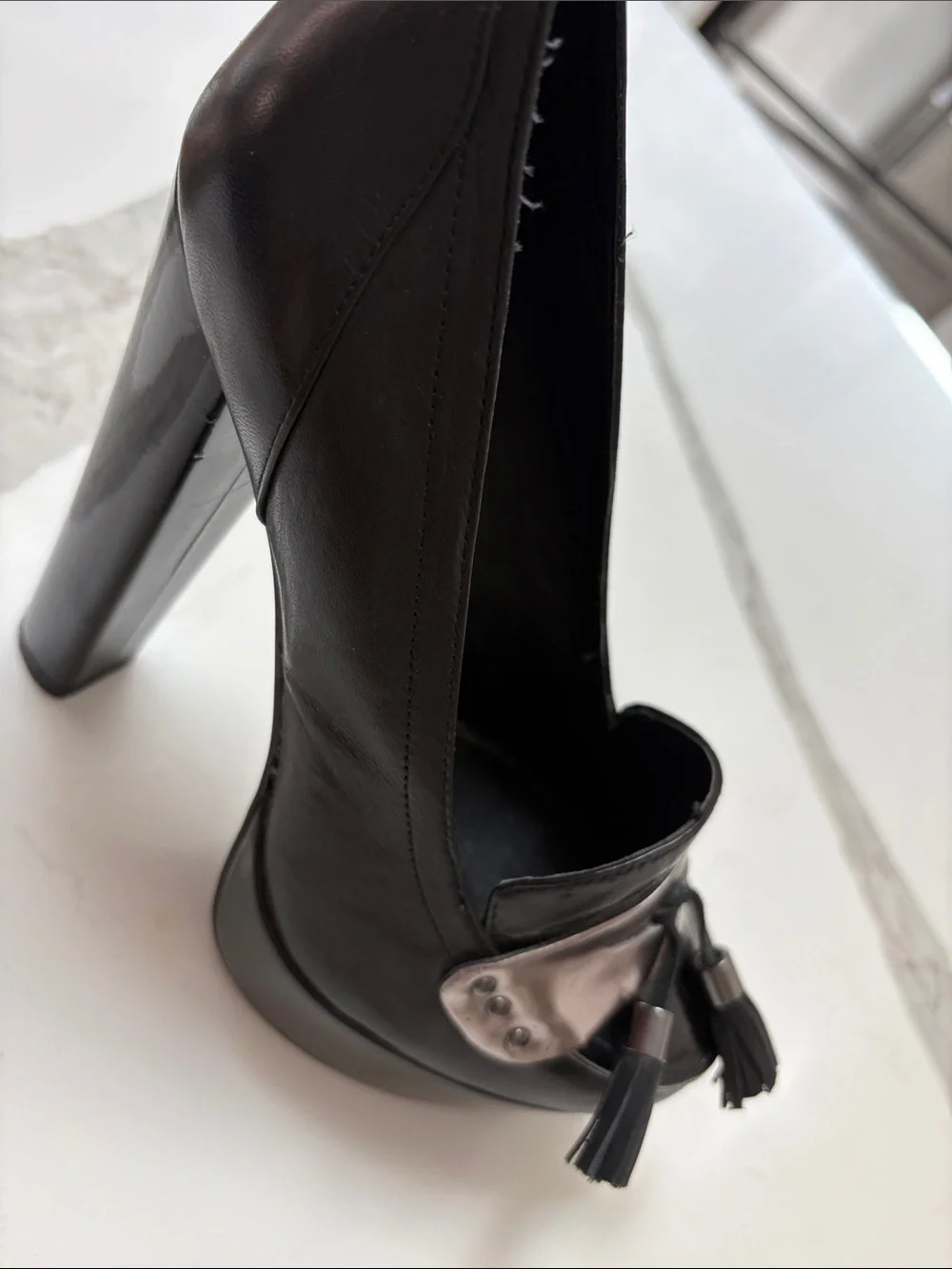 ALDO Black Heeled Loafers with Rose-Metallic Accent and Tassels